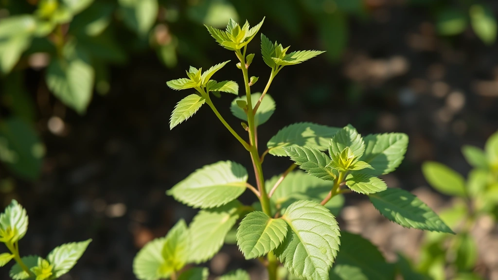 Vibrant healthy plant mid-growth stage with multiple lush green leaves at various sizes, showing progressive development from small to larger foliage, natural garden setting with soft sunlight