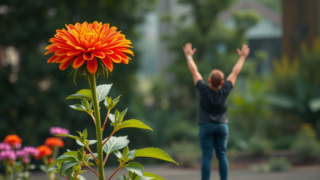 Mature flowering plant in full bloom with vibrant colors, strong stem and abundant foliage, person standing beside it with arms raised in achievement, representing peak potential and flowering stage success