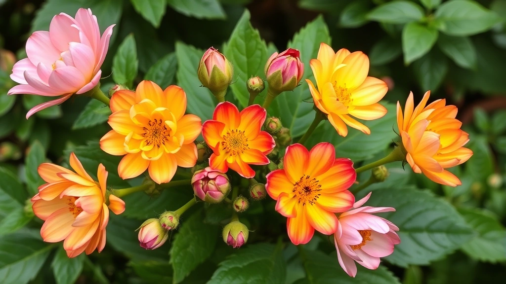 Mature flowering plant with multiple colorful blooms in various stages of opening, surrounded by developing buds and rich green foliage, showing the culmination of growth and vitality