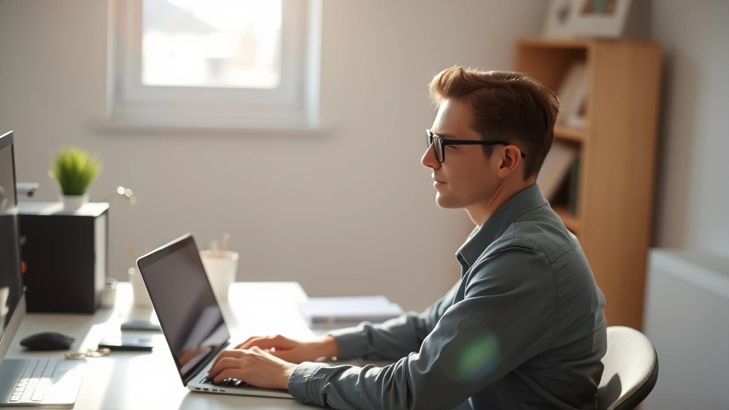 Person at desk with laptop showing focused concentration, bright natural lighting, organized workspace with minimal distractions, professional attire, morning sunlight streaming through window, calm and composed expression
