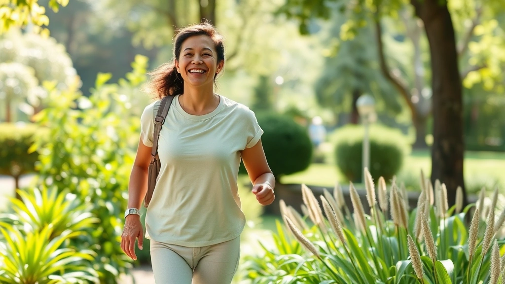 Individual during outdoor break taking a walk in nature, peaceful garden or park setting, person appears energized and refreshed, wearing comfortable clothing, surrounded by green plants, natural daylight, showing vitality and restored energy
