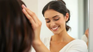 Woman applying natural oil to her scalp with fingertips, smiling peacefully with closed eyes, well-lit bathroom setting showing healthy glowing skin and lustrous dark hair