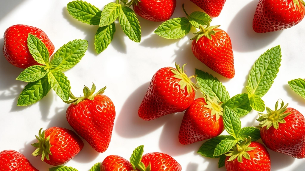 Vibrant fresh strawberries and mint leaves arranged artfully on white marble surface with water droplets, natural daylight creating warm shadows, emphasizing freshness and purity