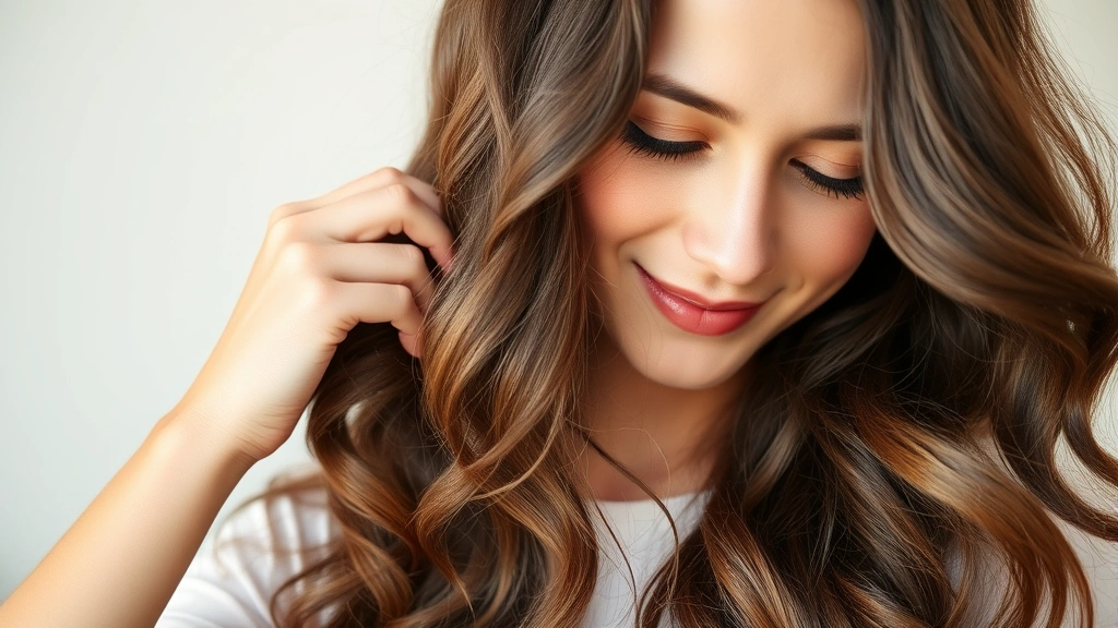 Young woman touching her fuller, shinier hair with expression of joy and satisfaction, running fingers through thick healthy strands, soft natural lighting highlighting hair texture and volume