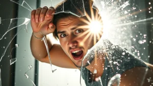 Person breaking through glass barrier with determined expression, sunlight streaming through, representing breakthrough and overcoming obstacles to personal growth