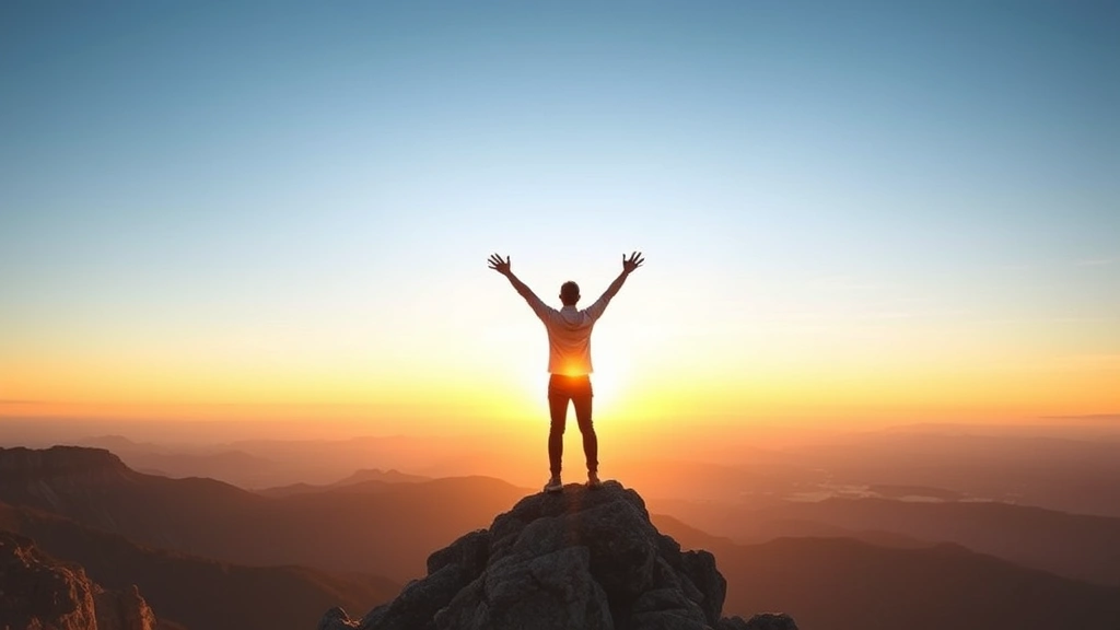Individual standing at mountain peak at sunrise with arms raised in triumph, overlooking vast landscape, symbolizing achievement and expanded possibilities