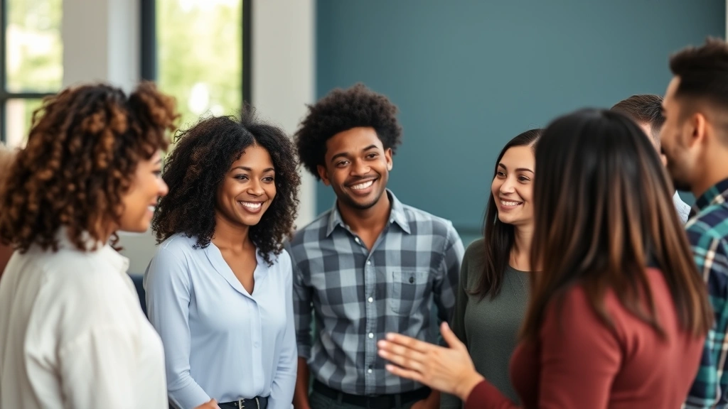 Group of diverse people in circle having engaged conversation, smiling and supporting each other, representing accountability partnerships and community-driven growth