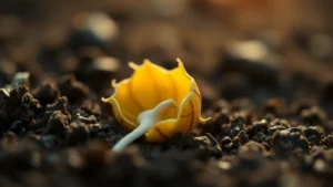 Close-up of a tiny sunflower seed cracking open in moist dark soil, showing the white root emerging, photorealistic macro photography with shallow depth of field, morning light