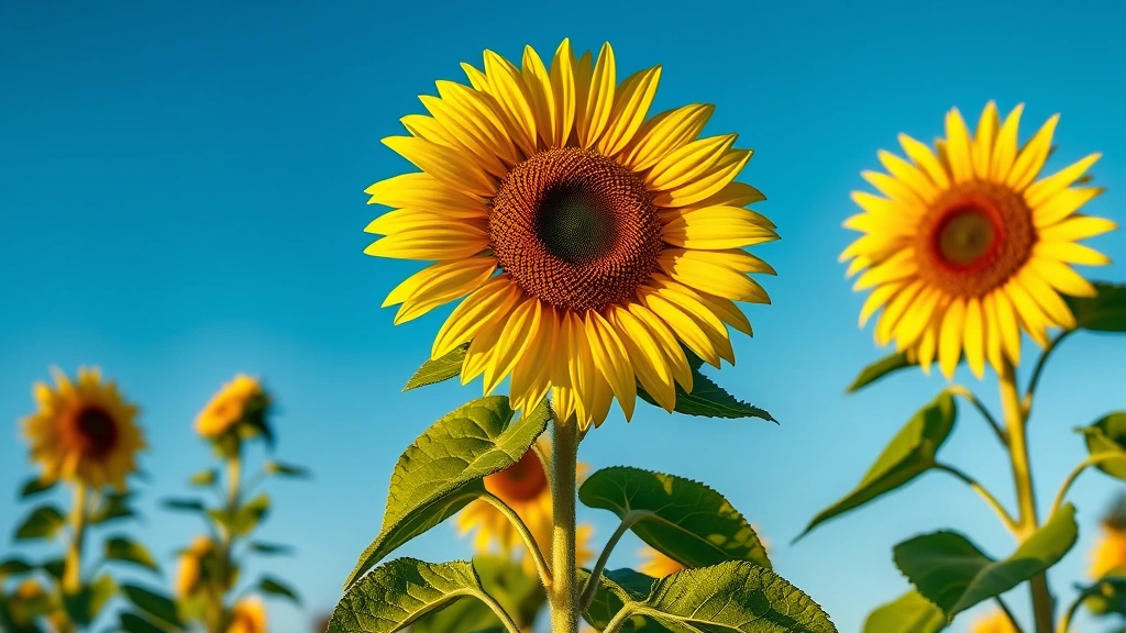 Mature sunflower plant in full bloom with bright yellow petals and dark center, towering above the garden landscape, clear blue sky background, golden hour lighting, photorealistic