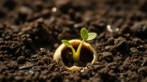 Sunflower seed sprouting from rich dark soil with tiny green shoot emerging, water droplets visible, morning light, close-up botanical detail, natural earth tones, growth beginning metaphor