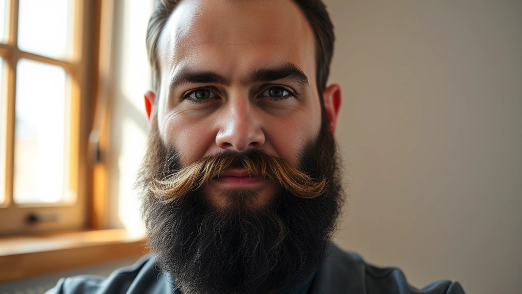 Confident man with thick, full beard looking directly at camera, natural lighting from window, professional headshot style, photorealistic texture showing beard density and health