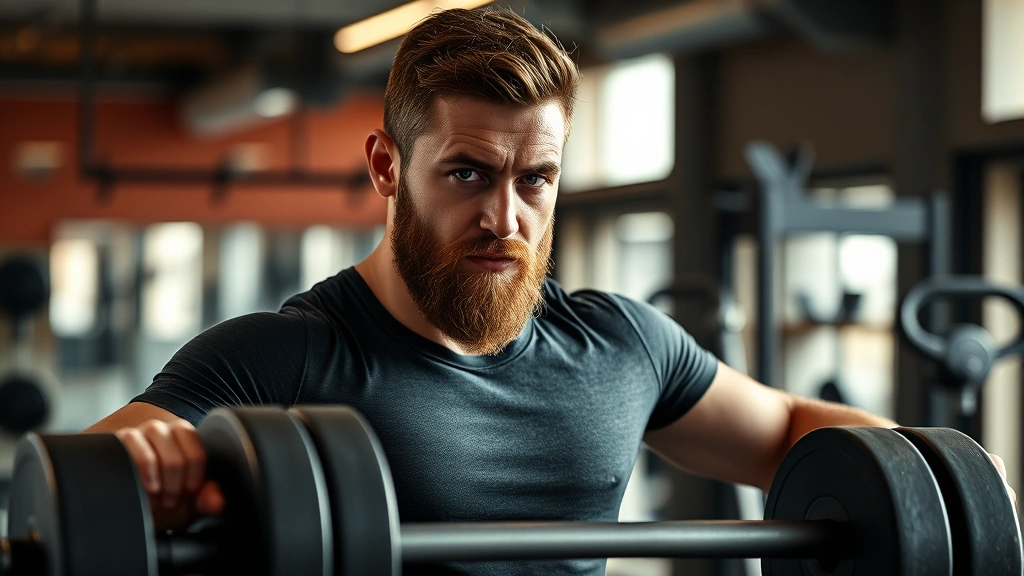 Man in modern gym lifting weights with determined expression, strong masculine presence, natural gym lighting, showcasing fitness lifestyle supporting beard growth