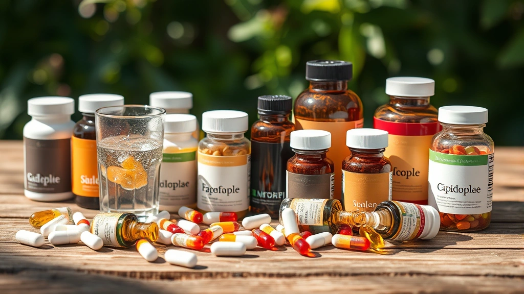 Close-up of various supplement bottles and capsules arranged on wooden surface with water glass, natural sunlight, photorealistic product display without text labels