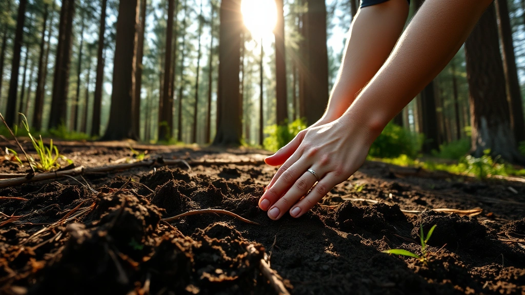 Person examining forest floor soil with bare hands, morning sunlight filtering through tall pine trees, showing healthy dark soil structure and mycorrhizal networks visible, peaceful natural setting
