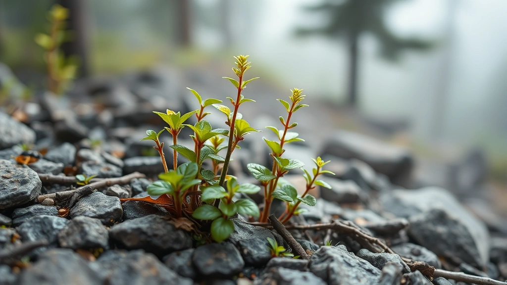 Young birch and spruce seedlings growing on rocky terrain in boreal forest, misty morning atmosphere, morning dew on leaves, resilient plants in harsh conditions, close-up detail of growth