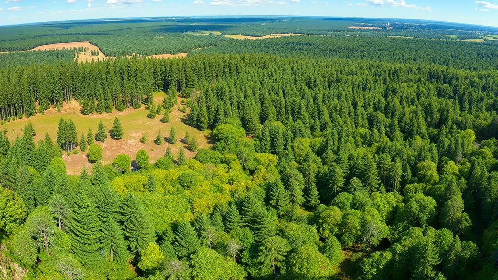 Forested landscape showing different successional stages from open area to dense woodland, panoramic view of ecological diversity and plant community progression, natural daylight