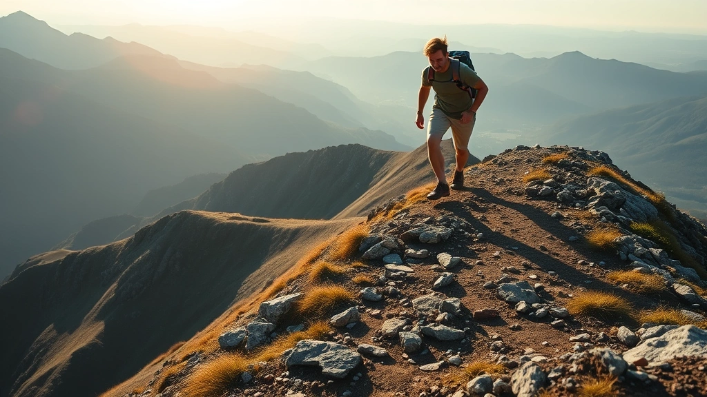 Person climbing mountain path with clear steps visible, morning light illuminating the journey ahead, peaceful determination on face, natural landscape showing progress over distance, photorealistic professional photography
