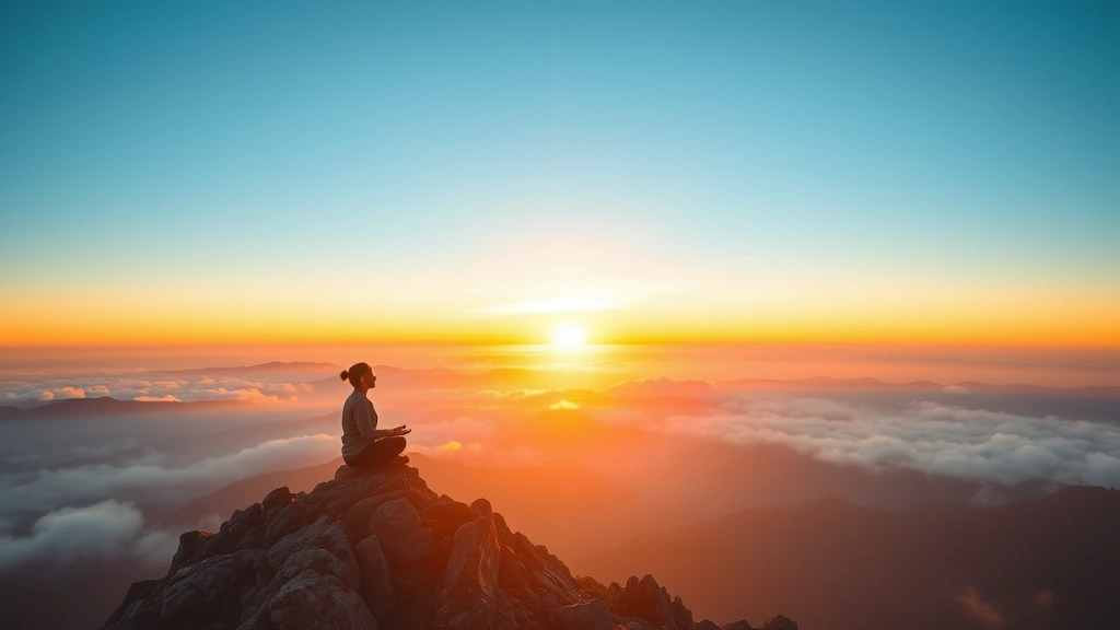 A person meditating peacefully on a mountain peak at sunrise, surrounded by mist, embodying calm progress and personal achievement, photorealistic natural lighting
