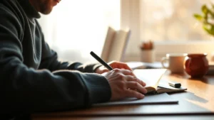 Person focused at desk writing in journal with coffee, morning light streaming through window, warm and determined expression, notebook and pen close-up, peaceful productivity atmosphere