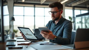 Person reviewing financial charts and investment graphs on a tablet, sitting at a modern desk with natural light streaming through windows, focused and determined expression, surrounded by productivity tools