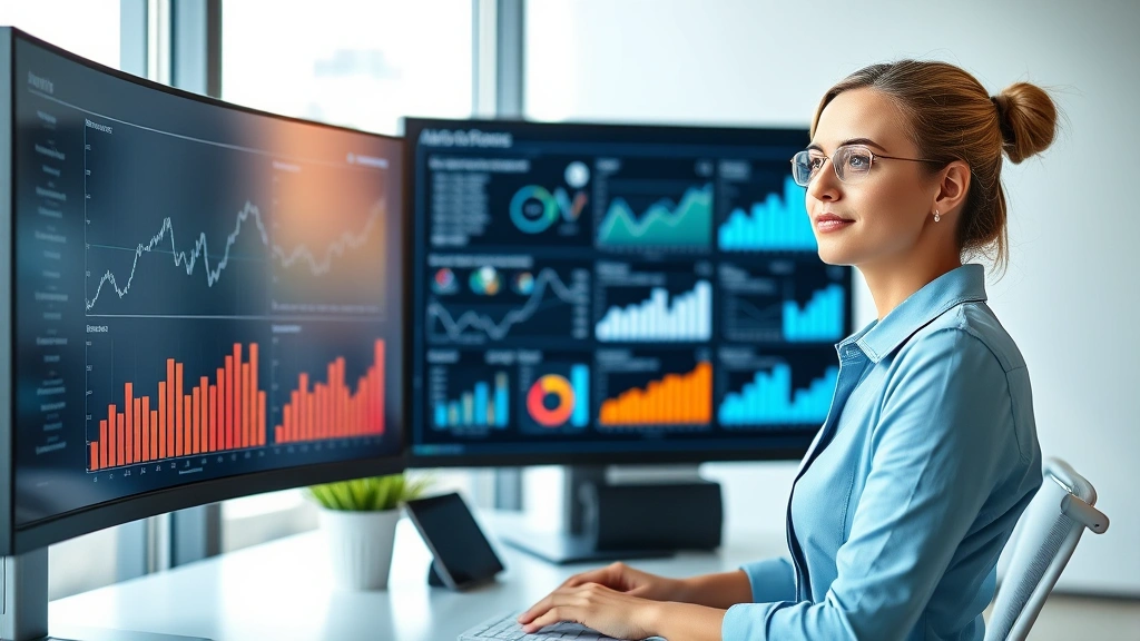 Professional woman in modern office reviewing growth charts and performance metrics on large monitor, confident expression, natural lighting, focused on data visualization