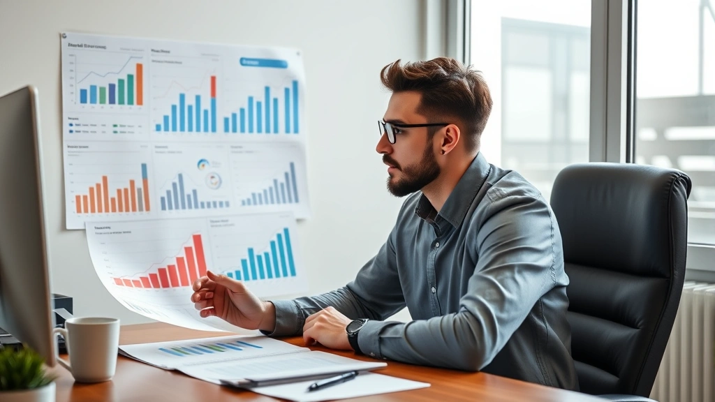 Professional sitting at desk reviewing growth charts and metrics, focused expression, natural window light, coffee cup nearby, representing data-driven personal development and progress tracking