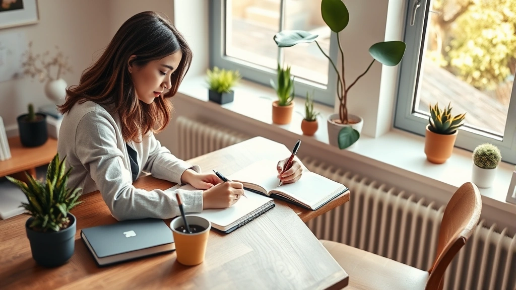 A professional woman writing in a journal at a minimalist wooden desk with plants, tracking daily progress and improvements, warm natural daylight coming through a window