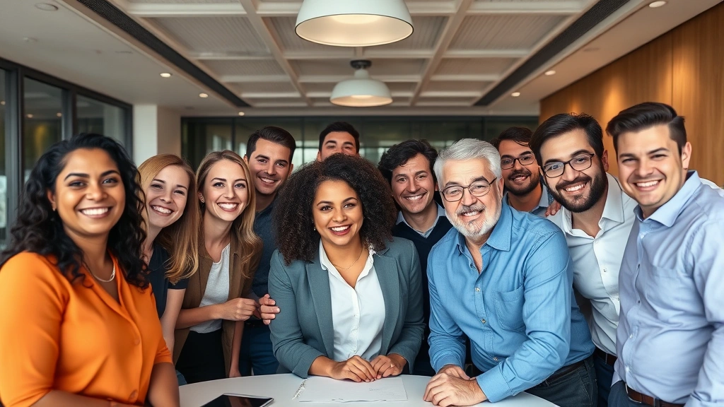 Diverse group of professionals in collaborative meeting room celebrating achievement milestone together, genuine smiles, energetic atmosphere, diverse ages and backgrounds