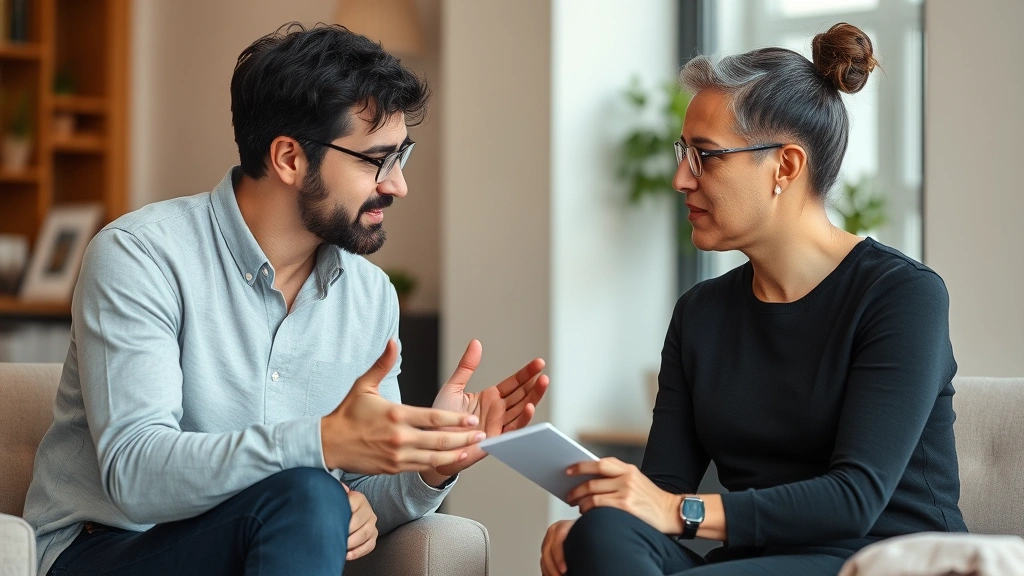 Two people in mentoring conversation, one gesturing while explaining concept, genuine engagement and learning moment, warm indoor setting, representing knowledge transfer and strategic guidance