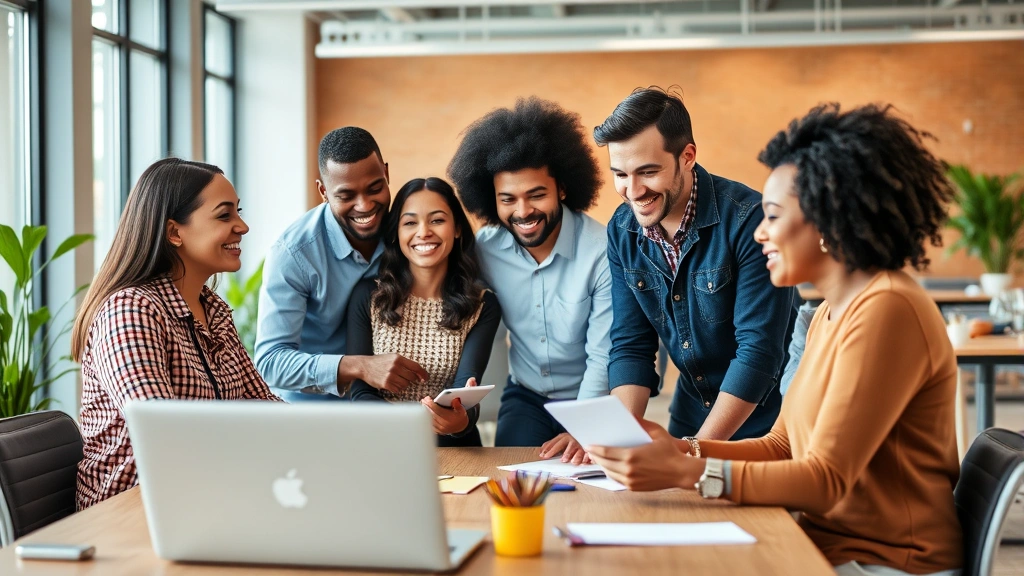 A diverse group of people collaborating in a modern workspace, sharing ideas and supporting each other's growth journey, bright professional environment with genuine smiles