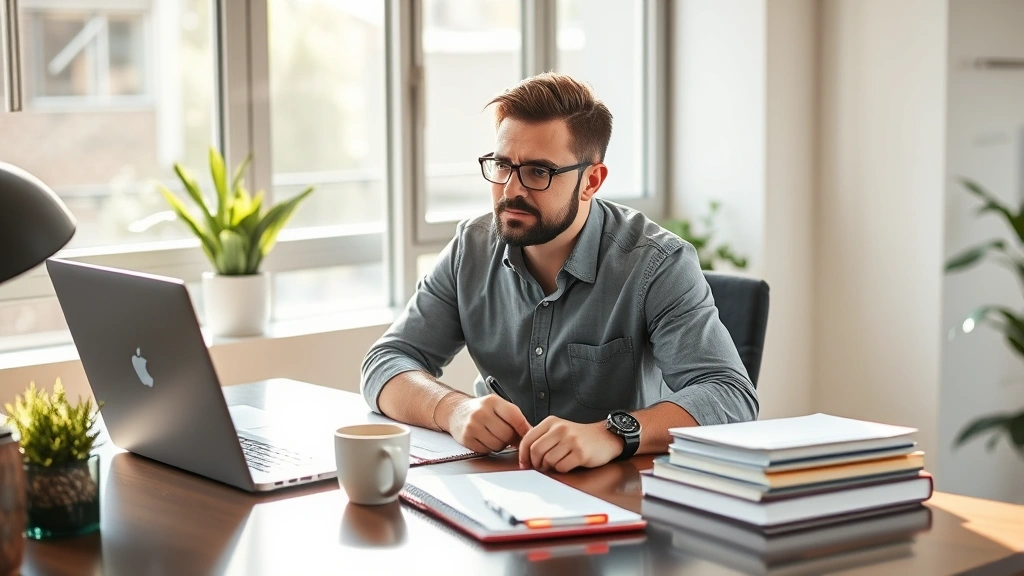 Entrepreneur at desk with laptop, notebook, and coffee, reviewing quarterly progress reports and planning next growth phase, morning sunlight, determined expression