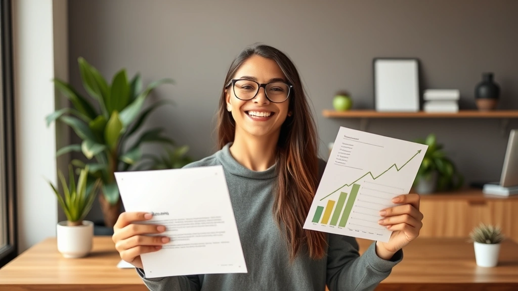 Individual celebrating financial milestone achievement, holding documents showing wealth growth, genuine smile of accomplishment, modern minimalist home office setting with plants and natural elements