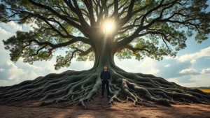 A person standing at the base of a majestic tree with sprawling roots visible and branches reaching toward bright sunlight through clouds, representing foundation and upward growth, photorealistic nature scene, peaceful contemplative mood