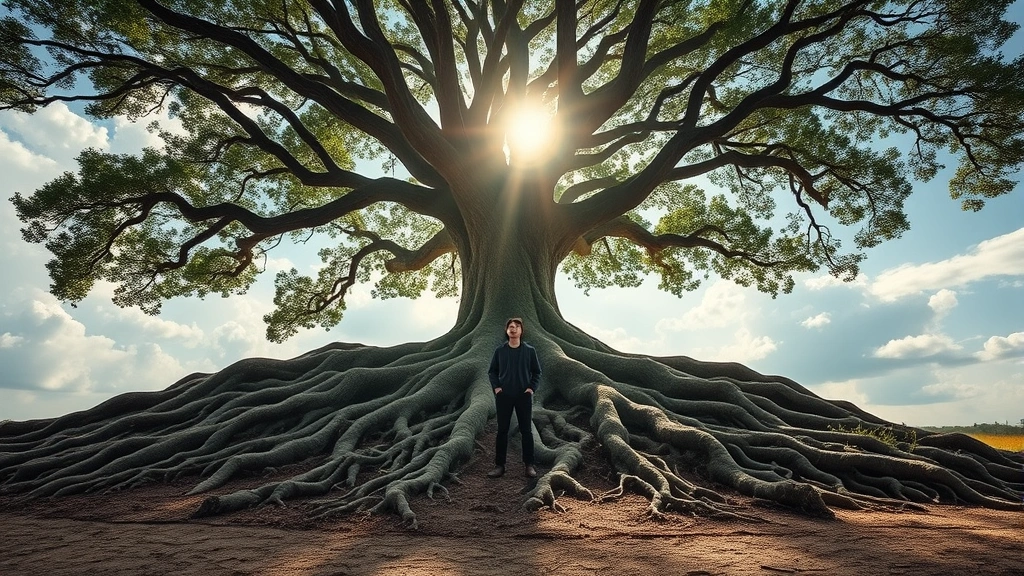A person standing at the base of a majestic tree with sprawling roots visible and branches reaching toward bright sunlight through clouds, representing foundation and upward growth, photorealistic nature scene, peaceful contemplative mood