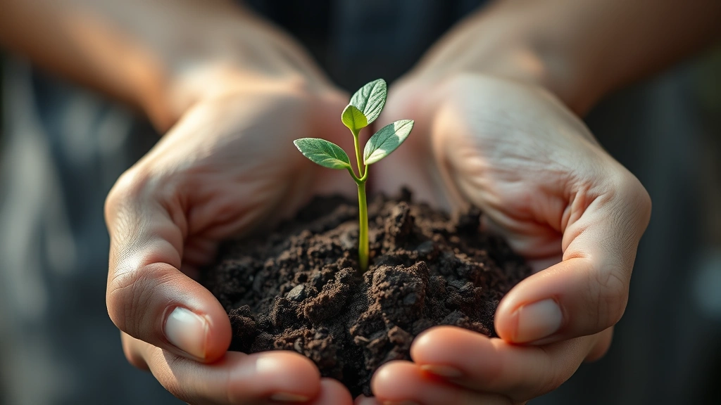 Hands gently holding a sprouting seedling with soil visible, soft natural light illuminating the delicate green shoot, symbolizing potential and nurturing growth, close-up photorealistic botanical photography