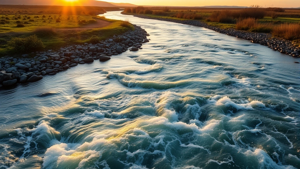 A serene river flowing through a landscape at golden hour, water catching sunlight as it moves forward, representing persistence and adaptive strength, wide landscape photography, peaceful and powerful