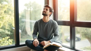 Person sitting peacefully in sunlight by large window, notebook and pen nearby, contemplative expression showing inner reflection and self-awareness during personal development journey