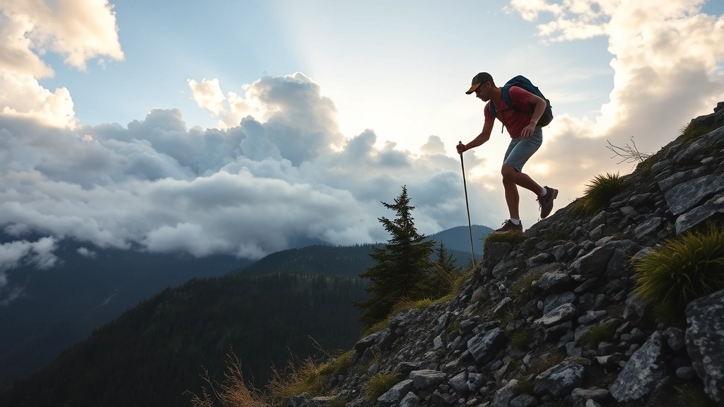 Individual climbing mountain trail with determination, surrounded by natural landscape, morning light breaking through clouds symbolizing breakthrough moments and progress in self-improvement