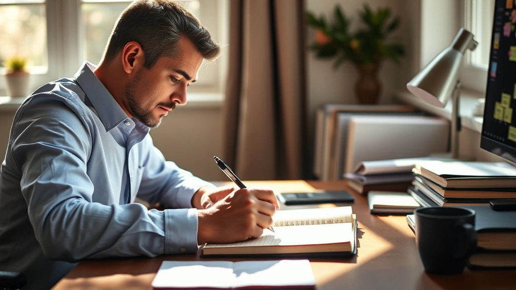Person at desk writing in journal, sunlight streaming through window, focused expression, open notebook with pen, warm natural lighting, professional workspace, morning routine