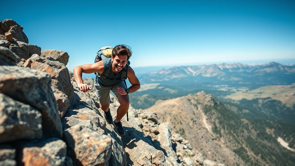 Individual climbing rocky mountain path, determination on face, scenic landscape background, clear blue sky, physical effort visible, upward trajectory, natural outdoor setting
