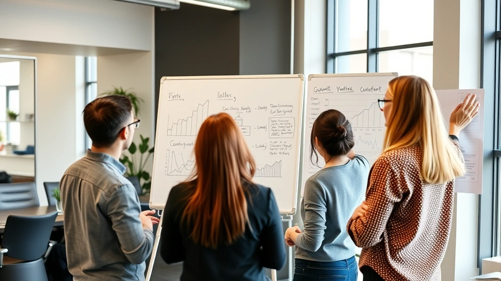 Professional woman presenting ideas on whiteboard to engaged team members, collaborative energy, growth charts and diagrams visible, modern office environment, positive body language