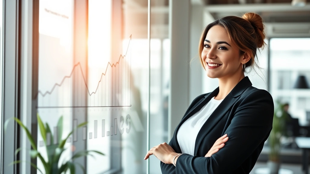 Professional woman in modern office confidently reviewing growth charts on glass whiteboard, natural morning light, focused expression, professional attire, success mindset visualization