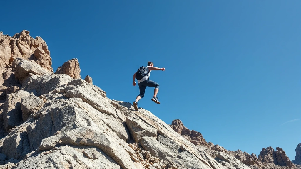 Man climbing rocky mountain path with determination, clear blue sky, strong upward trajectory, nature setting, personal achievement, resilience and progress symbolism