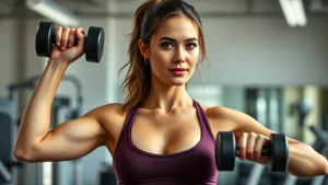 Woman in fitness attire doing chest exercises with dumbbells in bright gym, showing strength and confidence, natural lighting, realistic skin tones, focused expression