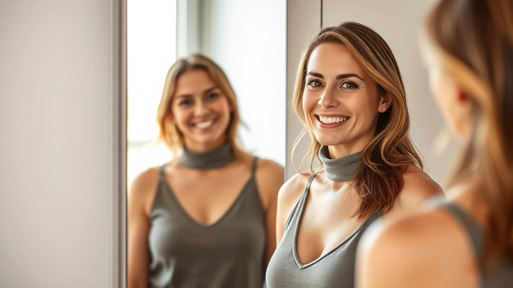 Woman looking in mirror with satisfied confident smile, wearing well-fitted clothing, natural morning light through window, warm tones, genuine self-acceptance