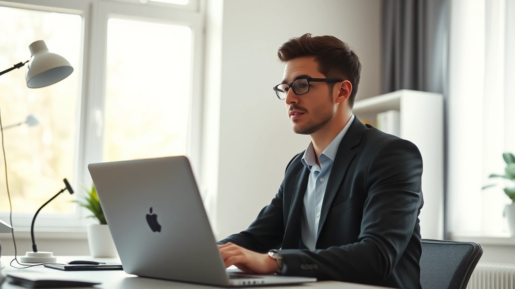 Professional in bright home office with laptop, focused expression, natural morning light streaming through window, minimal desk setup, clean modern workspace, person appears energized and concentrated