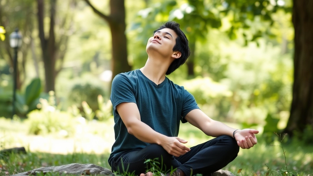 Person taking break outdoors in nature, sitting peacefully with eyes closed or looking at trees, natural sunlight, surrounded by greenery, calm relaxed posture, demonstrating rest and recovery