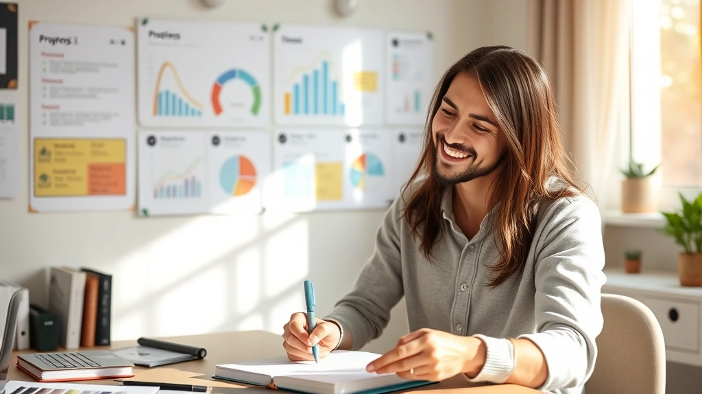 Individual writing in notebook or reviewing progress charts on wall, satisfied expression, organized workspace with vision board visible, morning or afternoon natural lighting, showing planning and goal tracking