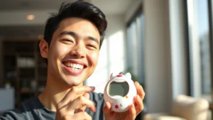 Person smiling while holding a glowing Tamagotchi device, natural sunlight, genuine joy and pride on face, modern indoor setting, realistic photograph