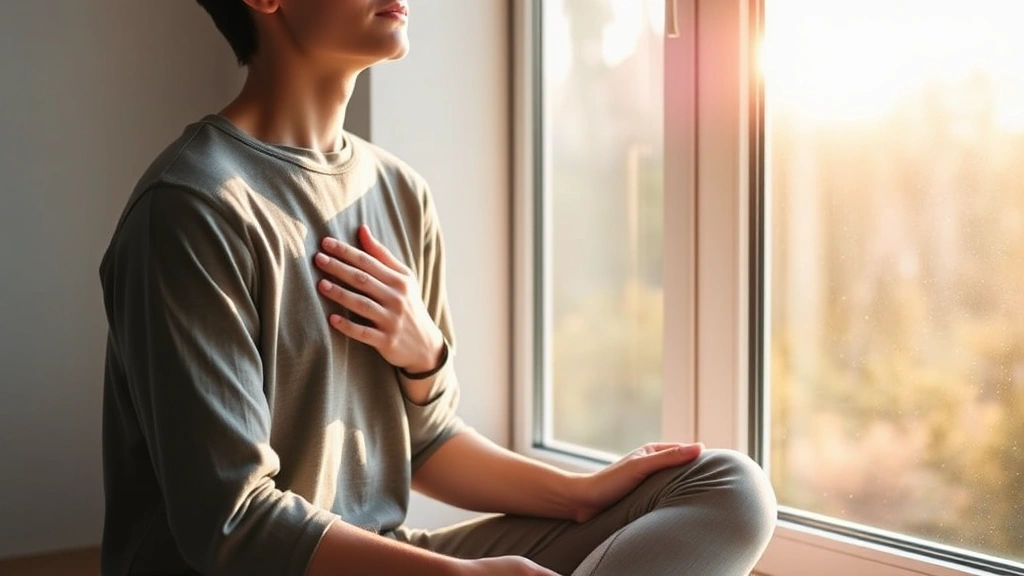 Person sitting peacefully by window with morning sunlight, reflecting calmly with hand on chest, representing self-compassion and inner peace during personal growth journey
